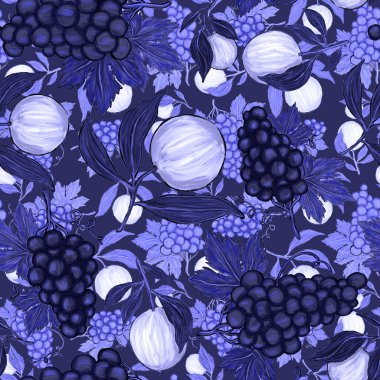 Meyveli, limonlu, portakallı, üzümlü ve narlı yaratıcı kusursuz desen. Yağlı boya etkisi. Parlak yaz baskısı. Her amaç için harika bir tasarım