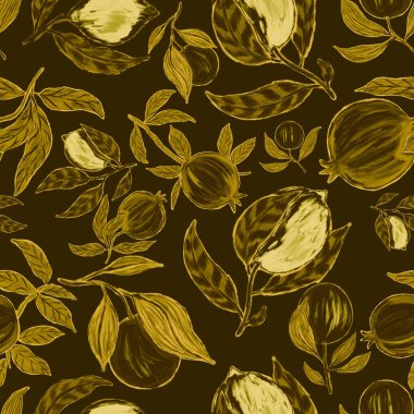 Meyveli, limonlu, portakallı, üzümlü ve narlı yaratıcı kusursuz desen. Yağlı boya etkisi. Parlak yaz baskısı. Her amaç için harika bir tasarım