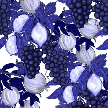 Meyveli, limonlu, portakallı, üzümlü ve narlı yaratıcı kusursuz desen. Yağlı boya etkisi. Parlak yaz baskısı. Her amaç için harika bir tasarım