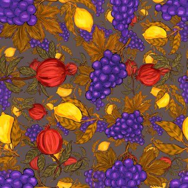 Meyveli, limonlu, portakallı, üzümlü ve narlı yaratıcı kusursuz desen. Yağlı boya etkisi. Parlak yaz baskısı. Her amaç için harika bir tasarım