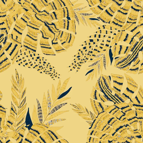 Yaratıcı renkli tropikal yaprakları olan modern, soyut, pürüzsüz desen. Geçmişe dönük parlak yaz geçmişi. Orman yaprakları çizimi. Mayo botanik tasarımı. Antika egzotik baskı.