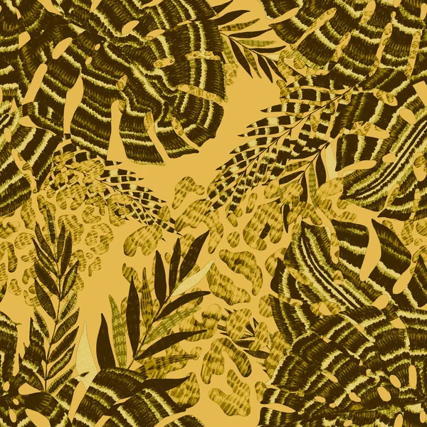 现代抽象无缝图案与创意五彩斑斓的热带叶和豹斑 复古明亮的夏天背景 丛生叶图 泳衣的植物设计 老式异国情调印刷品 — 图库照片