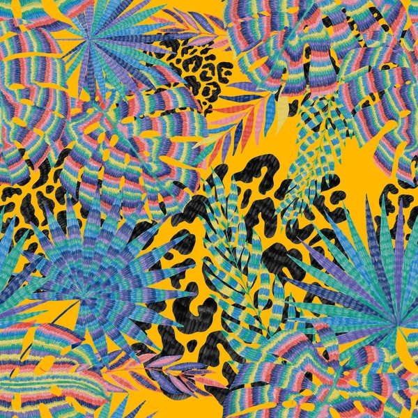 Yaratıcı Renkli Tropikal Yaprakları Leopar Benekleri Olan Modern Soyut Pürüzsüz — Stok fotoğraf