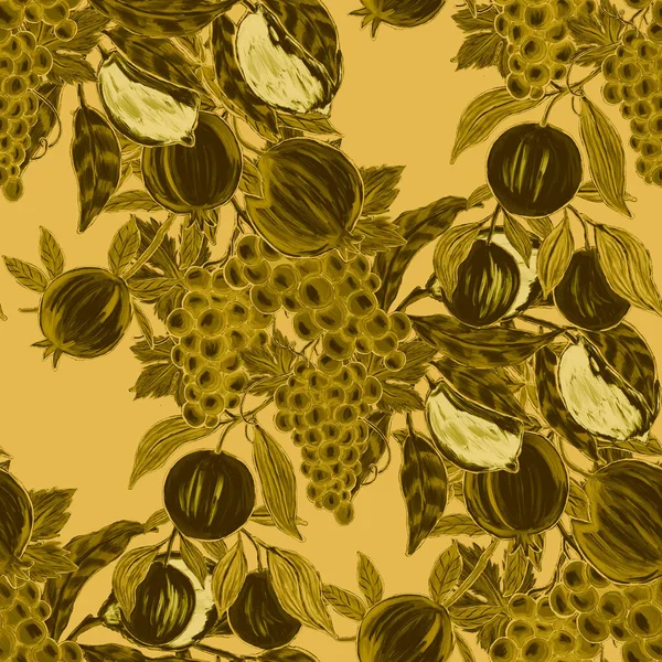 Kreatives Nahtloses Muster Mit Früchten Zitronen Orangen Trauben Und Granatäpfel — Stockfoto