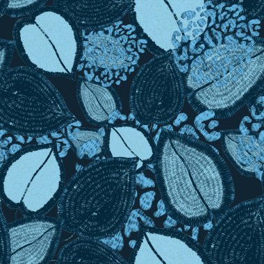 Yaratıcı renkli tropikal yaprakları ve leopar benekleri olan modern soyut ve pürüzsüz desen. Geçmişe dönük parlak yaz geçmişi. Orman yaprakları çizimi. Mayo botanik tasarımı. Antika egzotik baskı.