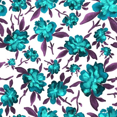 Bahar çiçekleriyle suluboya kusursuz desen. Klasik botanik çizimi. Her türlü tasarım için zarif bir dekorasyon. Renkli ve soyut çiçekli moda baskısı. Suluboya dokusu.