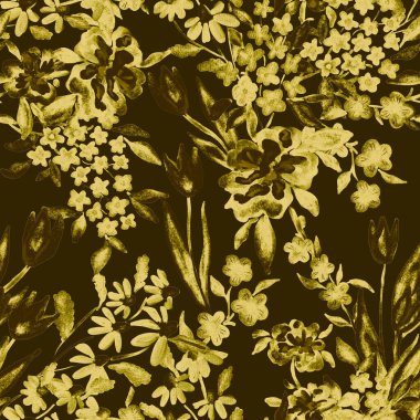 Bahar çiçekleriyle suluboya kusursuz desen. Klasik botanik çizimi. Her türlü tasarım için zarif bir dekorasyon. Renkli ve soyut çiçekli moda baskısı. Suluboya dokusu.
