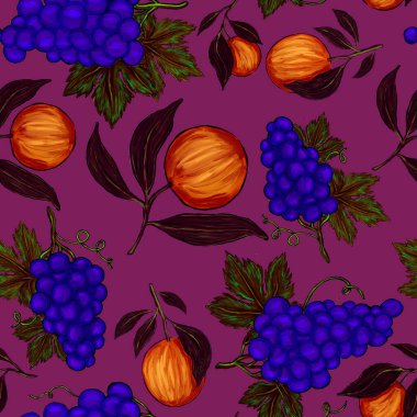 Meyveli, limonlu, portakallı, üzümlü ve narlı yaratıcı kusursuz desen. Yağlı boya etkisi. Parlak yaz baskısı. Her amaç için harika bir tasarım