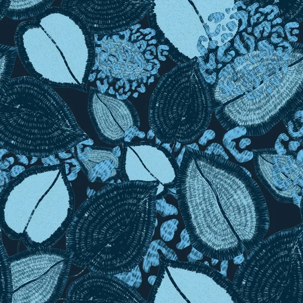 Yaratıcı renkli tropikal yaprakları ve leopar benekleri olan modern soyut ve pürüzsüz desen. Geçmişe dönük parlak yaz geçmişi. Orman yaprakları çizimi. Mayo botanik tasarımı. Antika egzotik baskı.