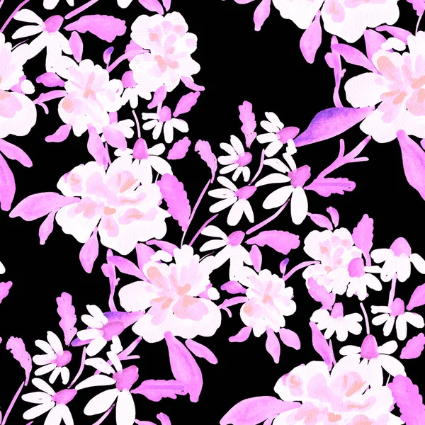 Bahar çiçekleriyle suluboya kusursuz desen. Klasik botanik çizimi. Her türlü tasarım için zarif bir dekorasyon. Renkli ve soyut çiçekli moda baskısı. Suluboya dokusu.