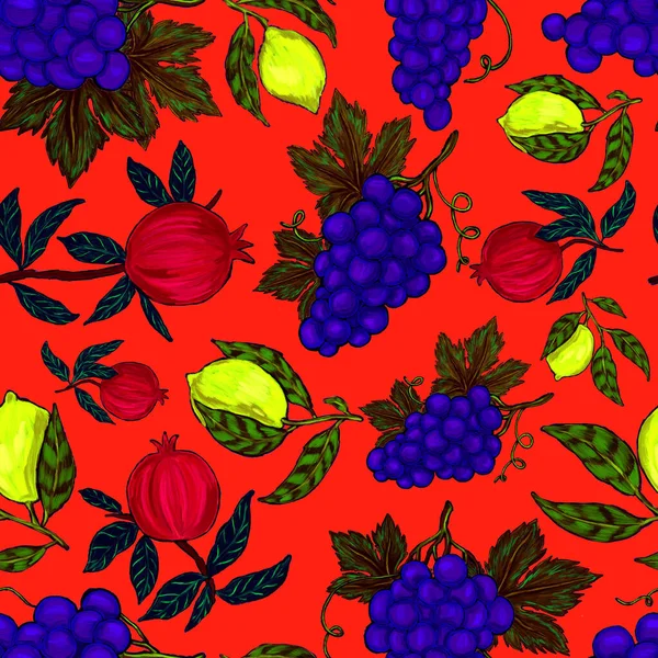 Meyveli, limonlu, portakallı, üzümlü ve narlı yaratıcı kusursuz desen. Yağlı boya etkisi. Parlak yaz baskısı. Her amaç için harika bir tasarım