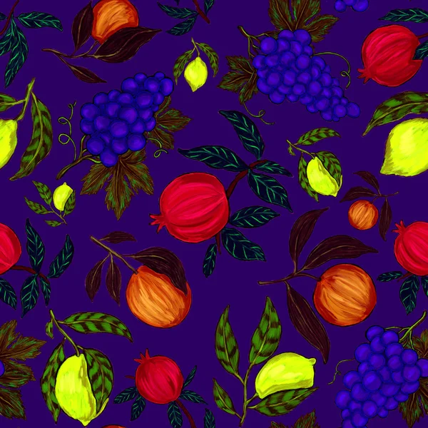 Patrón Creativo Sin Costuras Con Frutas Limones Naranjas Uvas Granadas —  Fotos de Stock