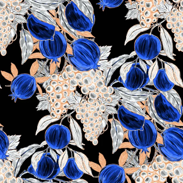 Meyveli, limonlu, portakallı, üzümlü ve narlı yaratıcı kusursuz desen. Yağlı boya etkisi. Parlak yaz baskısı. Her amaç için harika bir tasarım