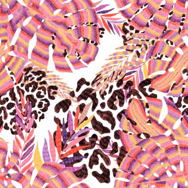 Yaratıcı renkli tropikal yaprakları ve leopar benekleri olan modern soyut ve pürüzsüz desen. Geçmişe dönük parlak yaz geçmişi. Orman yaprakları çizimi. Mayo botanik tasarımı. Antika egzotik baskı.