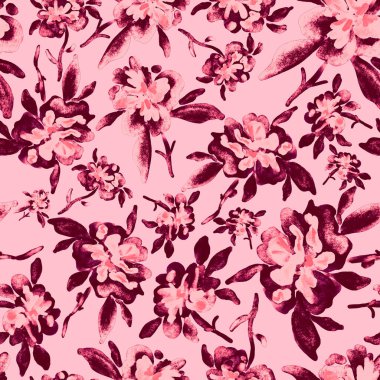 Bahar çiçekleriyle suluboya kusursuz desen. Klasik botanik çizimi. Her türlü tasarım için zarif bir dekorasyon. Renkli ve soyut çiçekli moda baskısı. Suluboya dokusu.