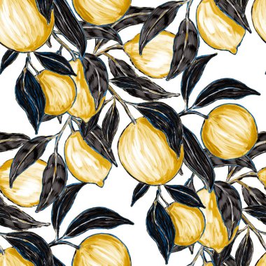 Meyveli, limonlu, portakallı, üzümlü ve narlı yaratıcı kusursuz desen. Yağlı boya etkisi. Parlak yaz baskısı. Her amaç için harika bir tasarım
