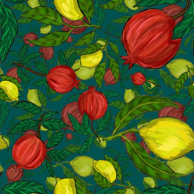 Meyveli, limonlu, portakallı, üzümlü ve narlı yaratıcı kusursuz desen. Yağlı boya etkisi. Parlak yaz baskısı. Her amaç için harika bir tasarım