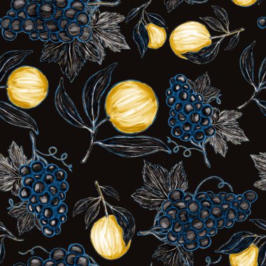 Meyveli, limonlu, portakallı, üzümlü ve narlı yaratıcı kusursuz desen. Yağlı boya etkisi. Parlak yaz baskısı. Her amaç için harika bir tasarım