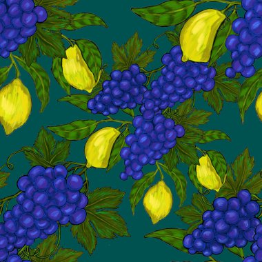 Meyveli, limonlu, portakallı, üzümlü ve narlı yaratıcı kusursuz desen. Yağlı boya etkisi. Parlak yaz baskısı. Her amaç için harika bir tasarım