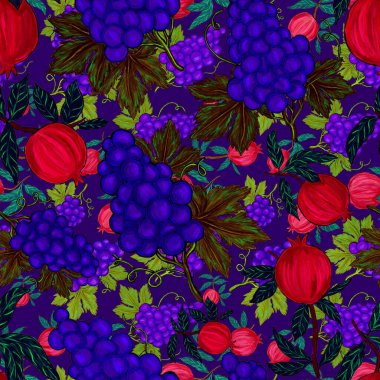 Meyveli, limonlu, portakallı, üzümlü ve narlı yaratıcı kusursuz desen. Yağlı boya etkisi. Parlak yaz baskısı. Her amaç için harika bir tasarım