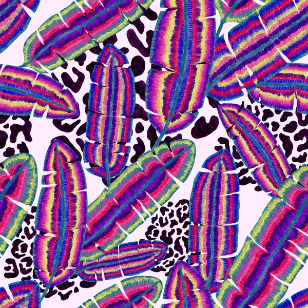Современный Абстрактный Бесшовный Рисунок Творческими Красочными Тропическими Листьями Пятнами Леопарда — стоковое фото