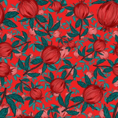 Nar ile yaratıcılığı kusursuz desen. Yağlı boya etkisi. Parlak yaz baskısı. Her amaç için harika bir tasarım