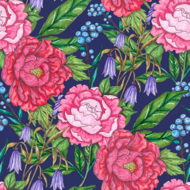 Çiçek buketli suluboya desenli. Klasik botanik çizimi. Her türlü tasarım için zarif bir dekorasyon. Renkli ve soyut çiçekli moda baskısı. Suluboya dokusu.