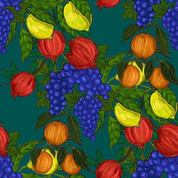 Meyveli, limonlu, portakallı, üzümlü ve narlı yaratıcı kusursuz desen. Yağlı boya etkisi. Parlak yaz baskısı. Her amaç için harika bir tasarım