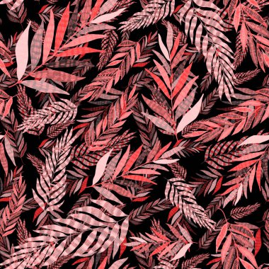 Yaratıcı renkli tropikal yaprakları olan modern, soyut, pürüzsüz desen. Geçmişe dönük parlak yaz geçmişi. Orman yaprakları çizimi. Mayo botanik tasarımı. Antika egzotik baskı.