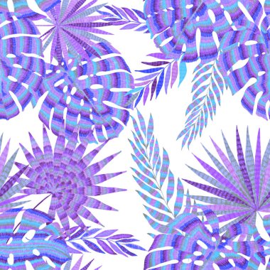 Yaratıcı renkli tropikal yaprakları olan modern, soyut, pürüzsüz desen. Geçmişe dönük parlak yaz geçmişi. Orman yaprakları çizimi. Mayo botanik tasarımı. Antika egzotik baskı.
