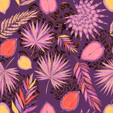 Yaratıcı renkli tropikal yaprakları ve leopar benekleri olan modern soyut ve pürüzsüz desen. Geçmişe dönük parlak yaz geçmişi. Orman yaprakları çizimi. Mayo botanik tasarımı. Antika egzotik baskı.