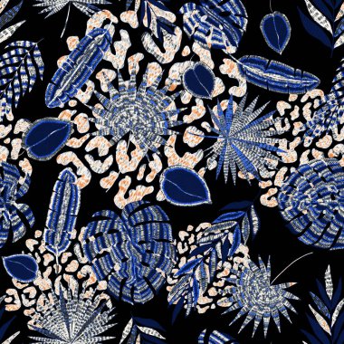 Yaratıcı renkli tropikal yaprakları ve leopar benekleri olan modern soyut ve pürüzsüz desen. Geçmişe dönük parlak yaz geçmişi. Orman yaprakları çizimi. Mayo botanik tasarımı. Antika egzotik baskı.