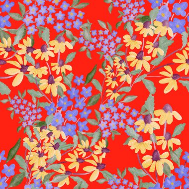 Bahar çiçekleriyle suluboya kusursuz desen. Klasik botanik çizimi. Her türlü tasarım için zarif bir dekorasyon. Renkli ve soyut çiçekli moda baskısı. Suluboya dokusu.