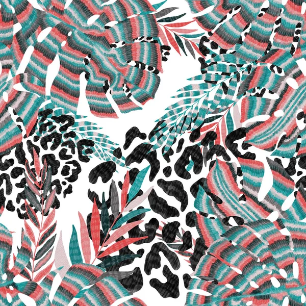 Moderna Abstrakta Sömlösa Mönster Med Kreativa Färgglada Tropiska Blad Och — Stockfoto