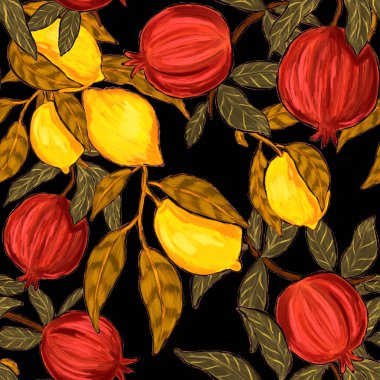 Meyveli, limonlu, portakallı, üzümlü ve narlı yaratıcı kusursuz desen. Yağlı boya etkisi. Parlak yaz baskısı. Her amaç için harika bir tasarım