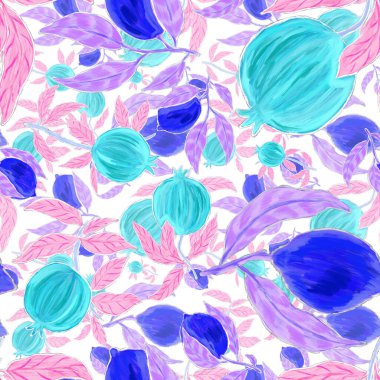 Meyveli, limonlu, portakallı, üzümlü ve narlı yaratıcı kusursuz desen. Yağlı boya etkisi. Parlak yaz baskısı. Her amaç için harika bir tasarım