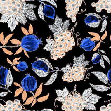 Meyveli, limonlu, portakallı, üzümlü ve narlı yaratıcı kusursuz desen. Yağlı boya etkisi. Parlak yaz baskısı. Her amaç için harika bir tasarım