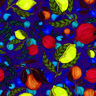 Meyveli, limonlu, portakallı, üzümlü ve narlı yaratıcı kusursuz desen. Yağlı boya etkisi. Parlak yaz baskısı. Her amaç için harika bir tasarım