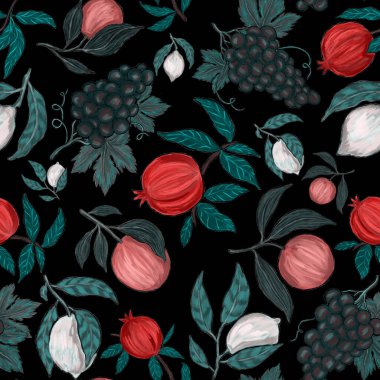 Meyveli, limonlu, portakallı, üzümlü ve narlı yaratıcı kusursuz desen. Yağlı boya etkisi. Parlak yaz baskısı. Her amaç için harika bir tasarım