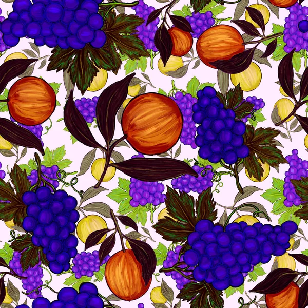 Creatief Naadloos Patroon Met Fruit Citroenen Sinaasappels Druiven Granaatappels Olieverf — Stockfoto