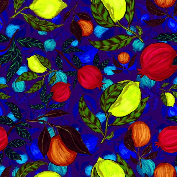 Meyveli, limonlu, portakallı, üzümlü ve narlı yaratıcı kusursuz desen. Yağlı boya etkisi. Parlak yaz baskısı. Her amaç için harika bir tasarım