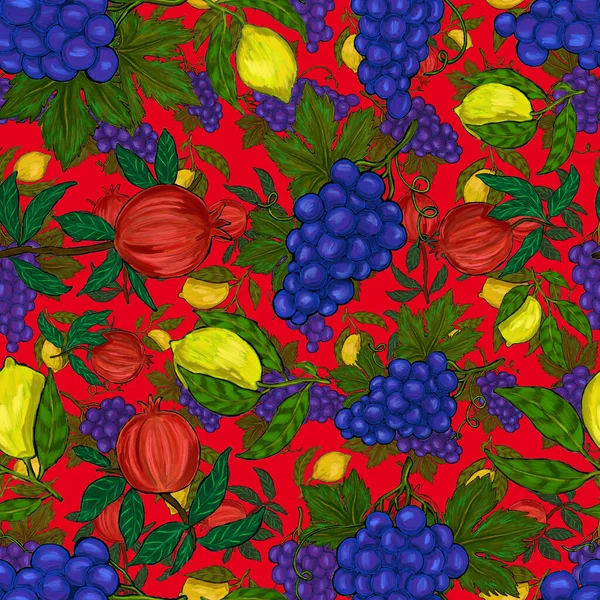 Meyveli, limonlu, portakallı, üzümlü ve narlı yaratıcı kusursuz desen. Yağlı boya etkisi. Parlak yaz baskısı. Her amaç için harika bir tasarım