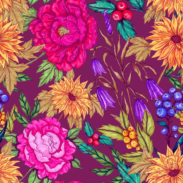 Çiçek buketli suluboya desenli. Klasik botanik çizimi. Her türlü tasarım için zarif bir dekorasyon. Renkli ve soyut çiçekli moda baskısı. Suluboya dokusu.