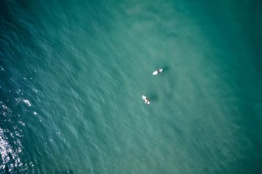 Hindistan 'ın Kerala kentindeki turkuaz sularda sörf yapan iki adamın hava görüntüsü.