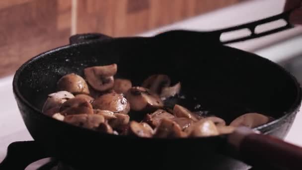 Close Video Frying Mushrooms Pan Stirring — Stock Video