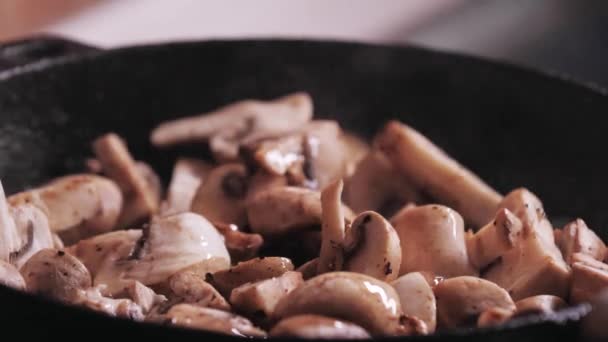 Close Video Frying Mushrooms Pan Stirring — Stock Video