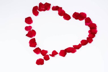 Rose petals arranged in the shape of a heart on a white background. Romantic concept
