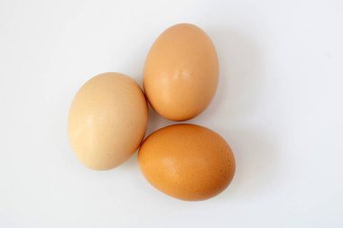 Fresh homemade eggs on a white background