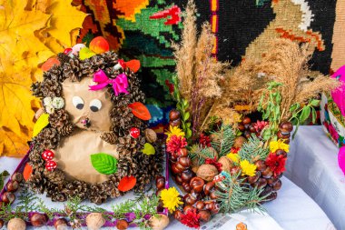 Sonbahar kutlaması için sebze, meyve, yaprak, koni bileşimi