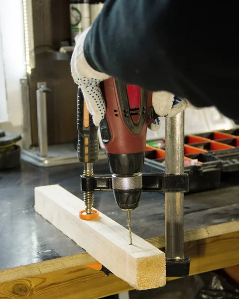 Drilling Holes Drill Wooden Part Carpentry Work — Stock Photo, Image